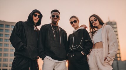 Four young, diverse individuals wearing hoodies and sunglasses, standing outdoors with a city skyline in the background.