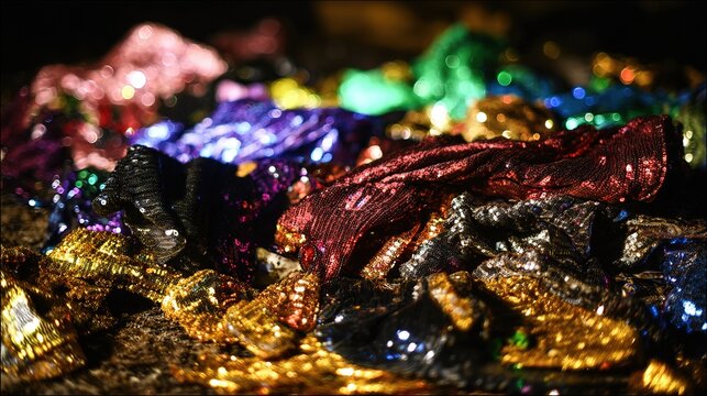 spile. A disorganized pile of cheap, sequin-adorned garments in a cluttered room. lifestyle magazines, social media lookbooks, designed for influencer and brand collaborations, strengthens branding.