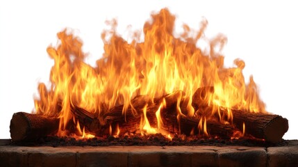 A fiery, orange and yellow fire burning in a brick fireplace, with logs and embers visible, against a white background