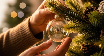 Hands decorating a Christmas tree with a clear glass ornament