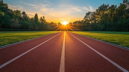 A running track leads to the horizon with trees and the sun shining brightly in the distance view