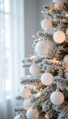 Flocked white tree with elegant white baubles and warm glowing lights, creating a cozy winter holiday ambiance