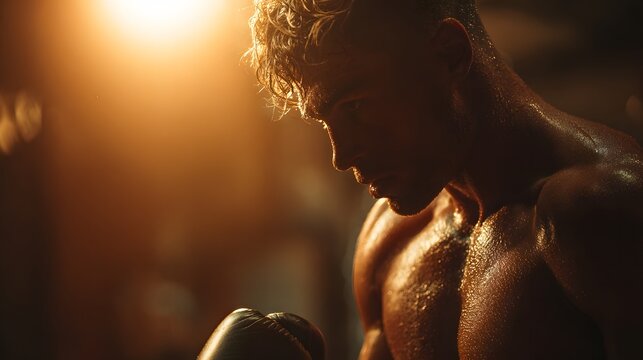 Muscular athlete rests momentarily while covered in sweat after intense physical training