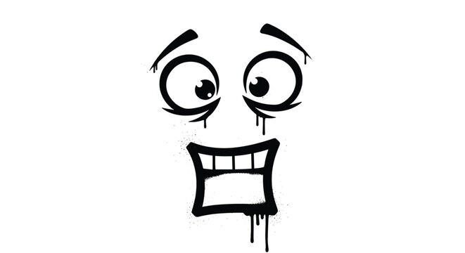 An expressive cartoon face with wide, fearful eyes and an open mouth, depicted in a distressed graffiti style with black paint drips.