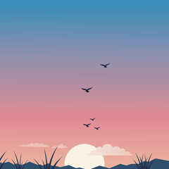 Minimalist Sunset or Sunrise Landscape with Flying Birds and Silhouettes