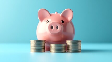 A pink piggy bank with stacks of coins on a light blue background in a studio setting for finance