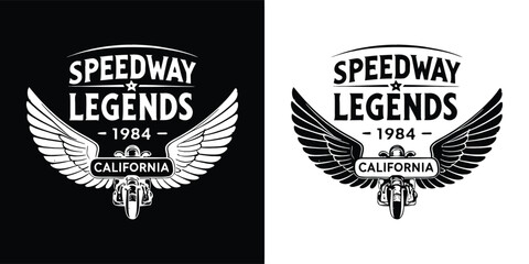 Obraz premium Retro speedway legends 1984 california emblem with wings and motorcycle graphic, presented in black and white