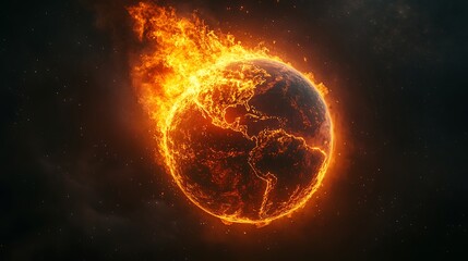 An image of planet earth engulfed in flames with a backdrop of stars in a dark sky view