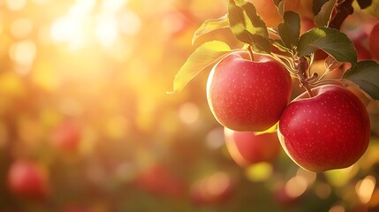 Close up of ripe red apples hanging on a tree branch with bright sunlight filtering through leaves