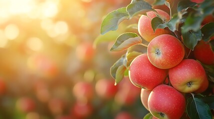 Close up of ripe apples on a tree branch with sunlight shining through the leaves in an orchard view