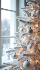 Elegant white christmas tree adorned with silver butterfly ornaments and shimmering warm lights creating tranquil winter scene