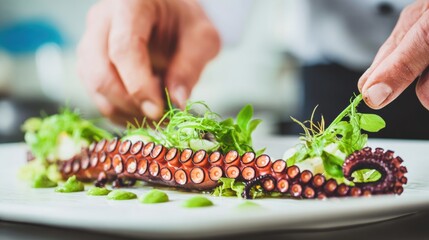 Chef Creates a Gourmet Octopus Dish on a Marble Plate With Fresh Garnish in a Restaurant Setting