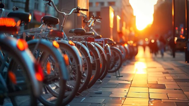 A row of bicycles parked at a sharing service station in an urban setting during a golden sunset, with warm reflections on the pavement and blurred pedestrians in the background