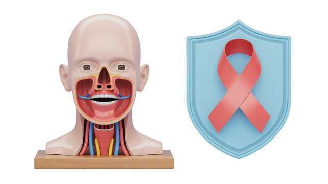 Medical illustration shows a human head cross section with cancer awareness ribbon