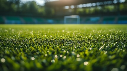 A close up view of a lush green grass field with a soccer goal in the blurred background at daytime