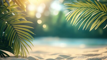 View of tropical beach with palm fronds framing the scene and a blurred background of ocean and trees