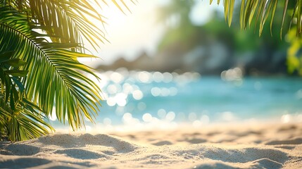 Palm fronds framing a tropical beach with sparkling ocean and soft sand in bright sunlight