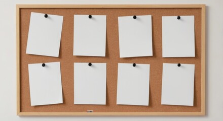 Cork bulletin board with blank white notes pinned in grid pattern against white wall, wooden frame.