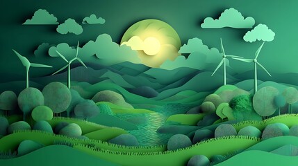 A serene green landscape with wind turbines, hills, river, trees, clouds and a glowing sun in the sky