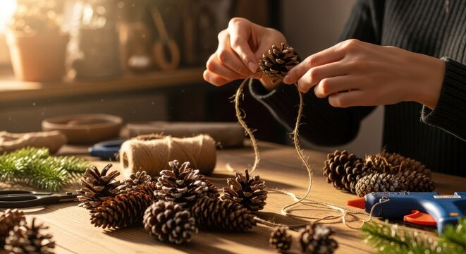 Hands crafting a decoration with pinecones on a wooden table with crafting supplies.