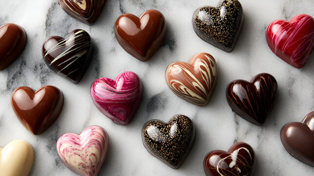 Assortment of gourmet heartshaped chocolates on a marble background