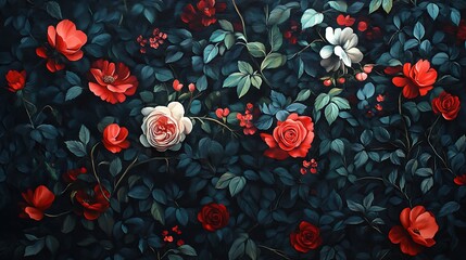 A floral arrangement with red and white roses and green leaves on a dark background in a painted style