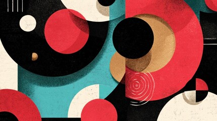 Abstract geometric shapes and circles in a colorful, textured background
