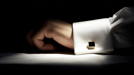 cufflink. Extreme close-up of a sophisticated cufflink on a crisp white shirt cuff. lifestyle magazines, social media lookbooks, designed for influencer and brand collaborations.