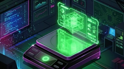 Isometric futuristic digital scale with holographic interface in a server room. Glowing neon technology concept with rotating data cube and coding screens - Powered by Adobe