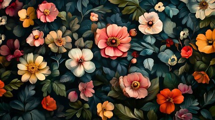 A vibrant floral arrangement featuring a variety of colorful blossoms and lush green foliage art painting