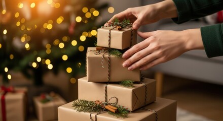 Hands stacking wrapped Christmas presents with ribbons and greenery on a table in a cozy room with