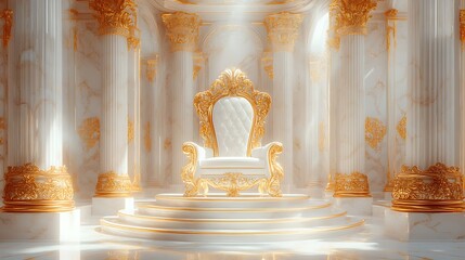 Ornate throne room with white and gold details and marble columns in a palace setting design