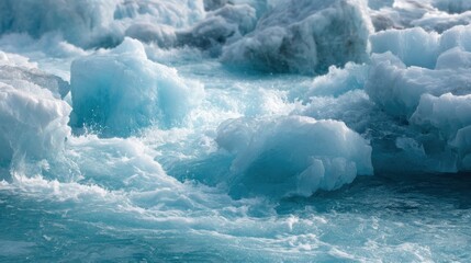 Icebergs floating in a turbulent sea, with a blue hue and white froth, set against a dark, rocky background.