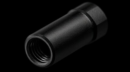 Close up view of a black threaded metal component with a textured surface against a dark background