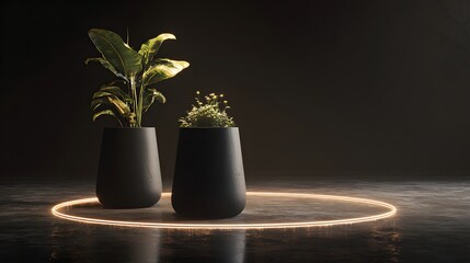 Contemporary dark planters holding foliage sit upon a reflective surface encircled by a glowing ring