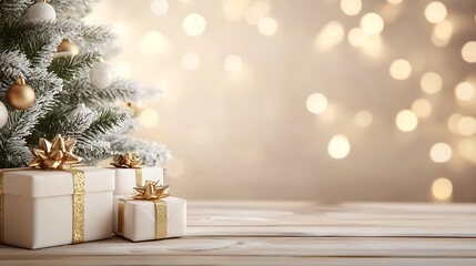 A christmas tree with gifts and bokeh lights in the background creating a festive atmosphere scene