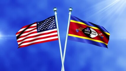USA and Swaziland Flag Waving On Pole Loop