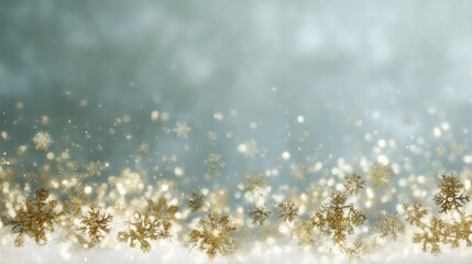 Golden snowflakes falling against a blue background, with a soft, blurred effect, creating a serene and festive atmosphere.