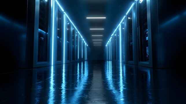 Glowing blue lights illuminate a futuristic digital storage facility corridor