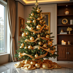 Elegantly decorated evergreen tree with golden ornaments and ribbon, creating a luxurious and festive indoor display