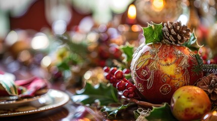 Festive Holiday Table Setting with Decorated Peace Apple Centerpiece, Seasonal Fruits, and Greenery, in a Warm and Inviting Atmosphere