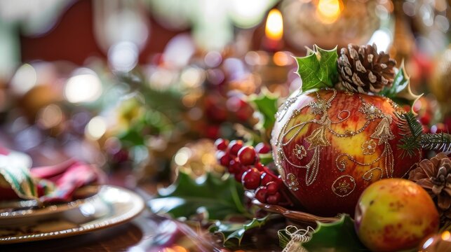 Festive Holiday Table Setting with Decorated Peace Apple Centerpiece, Seasonal Fruits, and Greenery, in a Warm and Inviting Atmosphere - Powered by Adobe
