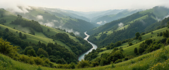 Serene river flowing through lush green hills scenic landscape photography nature environment wide-angle view