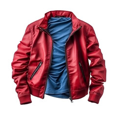 Red jacket with blue shirt stands with transparent background for product staging, branding mockups, and social media design.