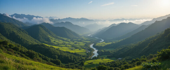 Breathtaking sunrise over serene valley landscape nature photography tranquil environment panoramic view