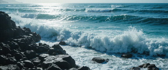 Waves crashing on rocky shore coastal area nature photography serene environment wide angle view ocean awareness