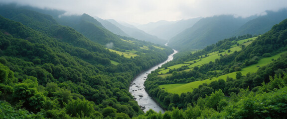 Scenic river flowing through lush green valleys nature photography serene landscape aerial view tranquility