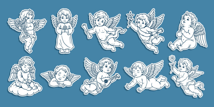 Cute Baby Angel Cherub Collection, Vintage Winged Child Illustrations Set