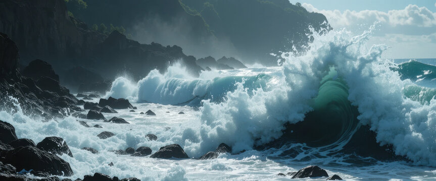 Dramatic ocean waves crash against rocky shoreline coastal landscape natural environment scenic viewpoint