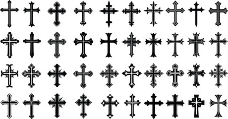 Ornate Decorative Cross Vector Collection, Set of Vintage and Gothic Religious Crucifix Icons